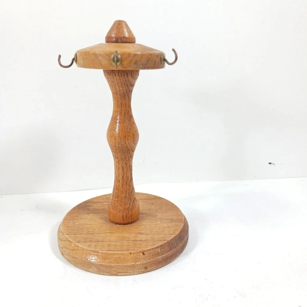 Vintage K.C. Park Wooden Jewelry‎ Stand Pedestal 4 Hook Accessory Holder Brown